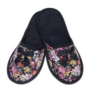 Γυναικεία παντόφλα υφασμάτινη δωματίου μαύρο λουλούδι βαμβακερή Ελληνική