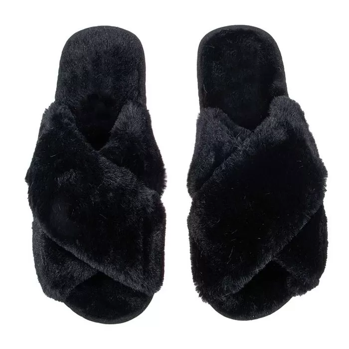 Γυναικεία παντόφλα μαύρη γούνινη χιαστή - Amaryllis Slippers 1