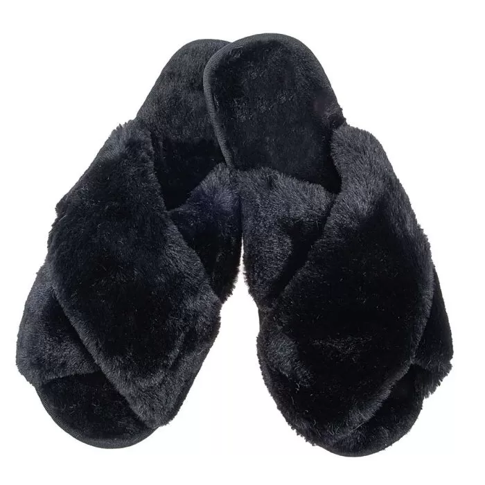 Γυναικεία παντόφλα μαύρη γούνινη χιαστή - Amaryllis Slippers 2