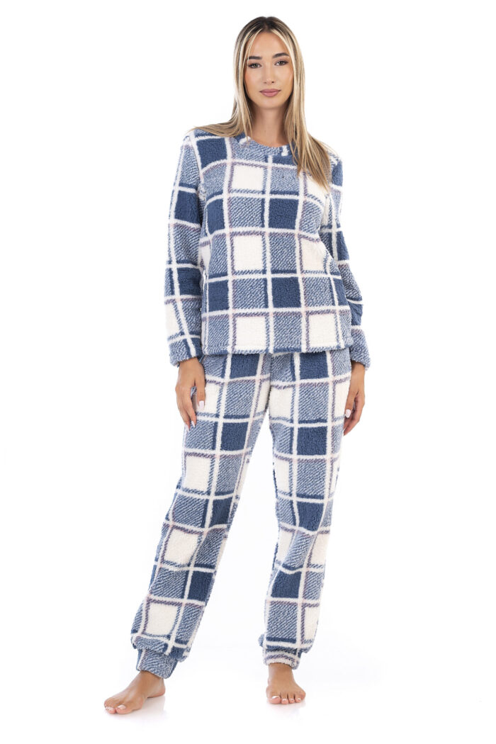 Γυναικεία Σετ Πιτζάμα Fleece Καρό Μπλε-Λευκό